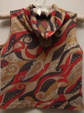 B·A·D Cowl Neck Sleeveless Top in Red, Black & Tan Print